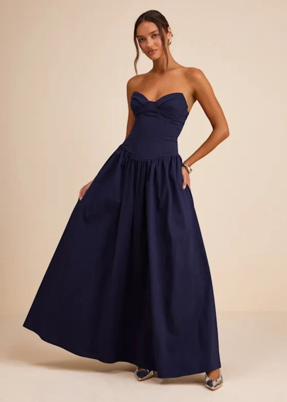 NWT Lulus Almeria Navy Blue Strapless Lace Up Maxi Dress Small
